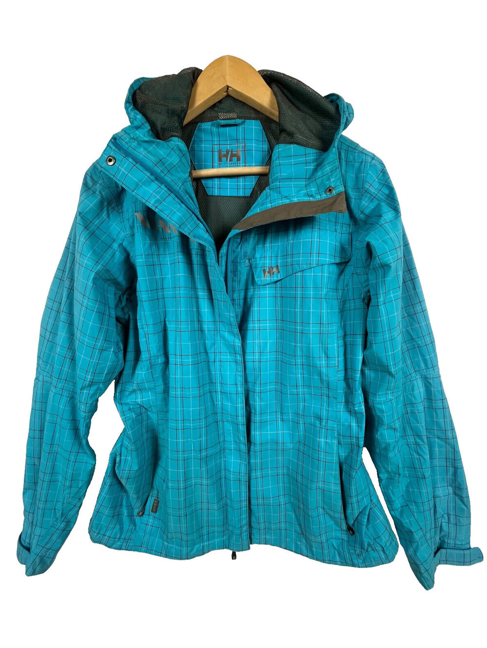 Helly Hansen Womens M Waterproof Hooded Rain Shell Jacket Blue Grid Mesh Lined